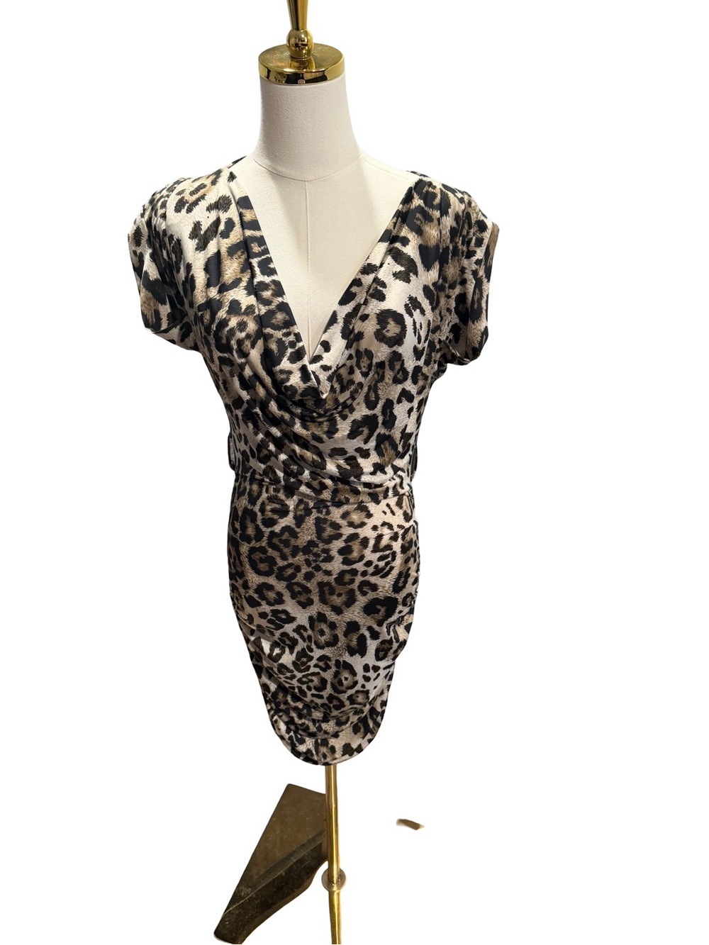 Y2K sugar and spice Leopard-Print Draped V-Neck Midi Dress - Beige, Black
